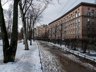 Snow and puddles on the path in the Alexander Park, Kronversky Prospect. Early spring in St. Petersburg.