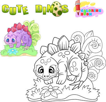 cartoon cute stegosaurus, funny illustration coloring book