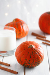 Pumpkin on cinnamon yogurt background. Pumpkin on old wood background. Halloween background.