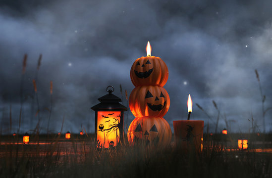 Scene of halloween decoration at night with Halloween pumpkin,candles,caged candle,3d illustration