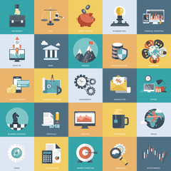 Colorful icon set for business, management, technology and finances. Flat objects for websites and mobile applications