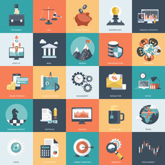 Colorful icon set for business, management, technology and finances. Flat objects for websites and mobile applications