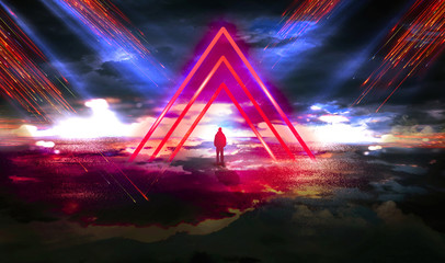 Abstract space background, neon lamps, light triangle, glare, rays, smoke. Space portal,...