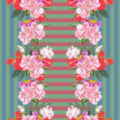 Seamless pattern with beautiful pink and red flowers on striped background. Flower background for textile, cover, wallpaper, gift packaging, printing.Romantic design for calico, silk.