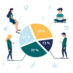 Fototapeta na wymiar Market segmentation vector illustration of people sitting on round percentage diagram. Flat people working with laptop, chatting messages and calling. White background of user experience.