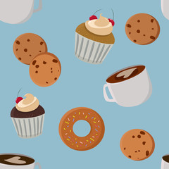 Mugs, cookies and muffins bakery seamless pattern. Pastries and coffee seamless background.
