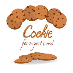 Oat cookies with chocolate chips vector illustration. Cookie for a great mood lettering.