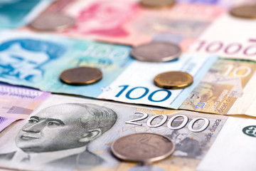 Close-up of different mixed Serbian dinars - banknotes and coins