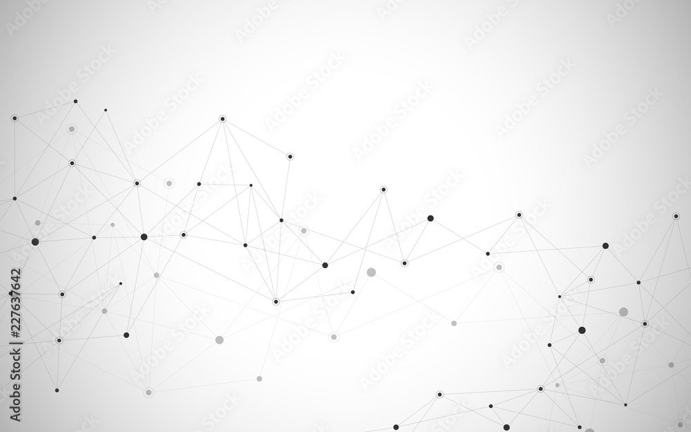 Fototapete Geometric abstract background with connected dots and lines. Molecular structure and communication. Digital technology background and network connection.