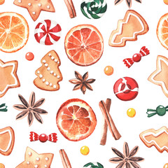 Seamless pattern made of elements for mulled wine, in watercolor style.