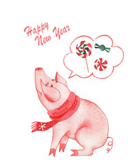 Prints with New Year piglets in watercolor style. Christmas. Postcards.