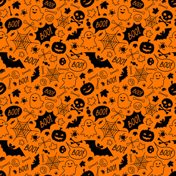 Halloween festive seamless pattern. Endless orange background with pumpkins, skulls an bones, bats, cute ghosts, spiders and web, candies and speech bubble with boo