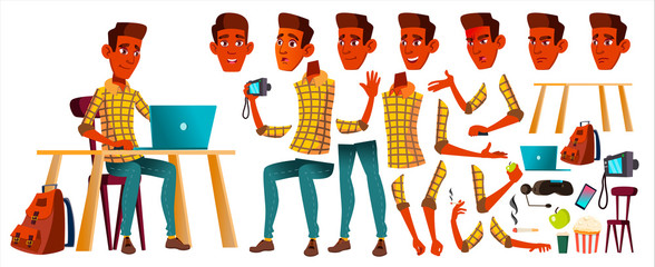 Teen Boy Vector. Animation Creation Set. Indian, Hindu. Asian. Face Emotions, Gestures. Leisure, Smile. Animated. For Web, Poster, Booklet Design. Isolated Cartoon Illustration