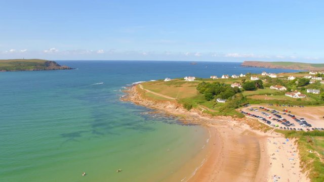 Aerial drone view of Daymer Bay in Cornwall, UK