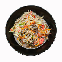 rice vermicelli somtam of thailand on black dish