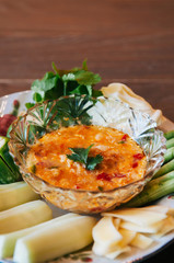 Thai food on dinner table, Nam Prik Khai Poo - Chili crab spicy sauce with vegetable