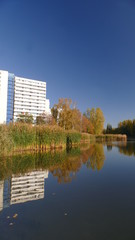 Budynek mieszkalny nad stawem w Katowicach. Wieżowiec, to jeden z budynków osiedla mieszkaniowego. Obok naturalny staw o nazwie 