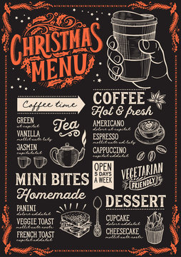 Christmas menu template for coffee shop on blackboard.
