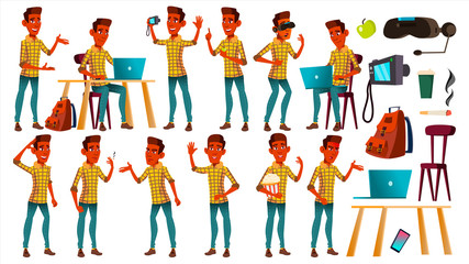 Teen Boy Poses Set Vector. Indian, Hindu. Asian. Face. Children. For Web, Brochure, Poster Design. Isolated Cartoon Illustration