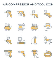 Air compressor icon. Consist of spray gun or airbrush for auto paint repair. Including with pressure tank, bicycle pump, air blow gun, pressure gauge, pneumatic staple, drilling tool, jack hammer etc.