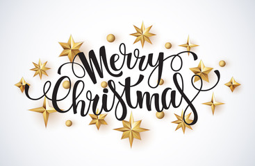 Merry Christmas lettering vector illustration. 3d golden stars on a white background.
