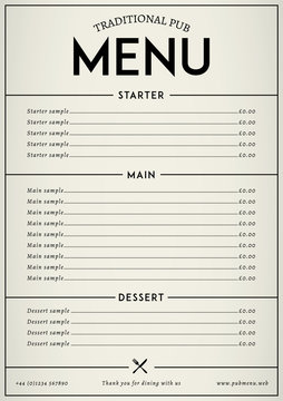 Modern pub style restaurant menu