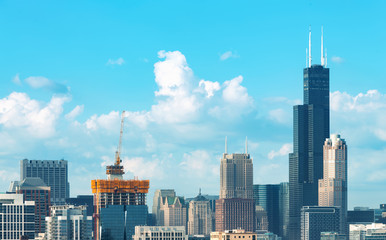 Chicago skyscrapers skyline with puffy white clouds