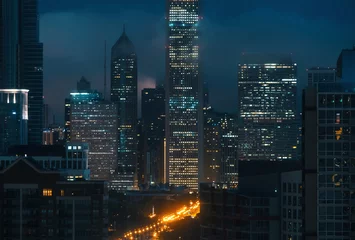 Fotobehang Downtown chicago stadsgezicht wolkenkrabbers skyline bij zonsondergang © Tierney