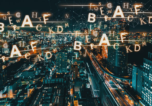 Alphabets with aerial view of Tokyo, Japan at night - Powered by Adobe