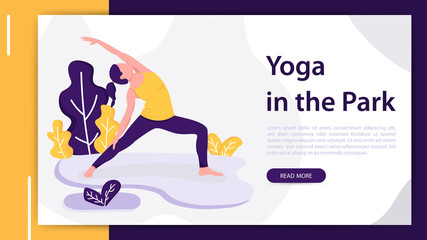 Woman practicing yoga outdoors in park. Modern flat design concept of web page design for website and mobile website development. Vector illustration