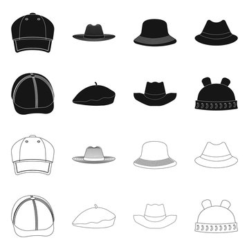 Vector design of headgear and cap logo. Set of headgear and accessory stock vector illustration.