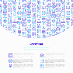 Fototapeta na wymiar Hosting concept with thin line icons: VPS, customer support, domain name, automated backup, SSD, control panel, secure server, local network, SSL. Modern vector illustration for banner, print media.
