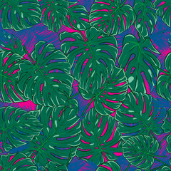Naklejka na ściany i meble Monstera leaves vector seamless pattern. Green tropical rainforest jungle textile print.