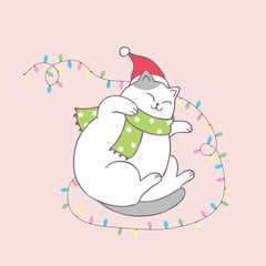 Cartoon cute Christmas cat sleeping vector.