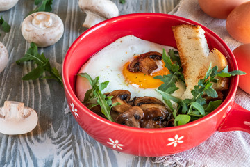 fried eggs with mushrooms in a pan, closeup