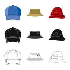 Vector design of headgear and cap symbol. Collection of headgear and accessory stock symbol for web.