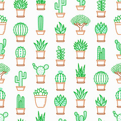 Cactus and succelents in pots seamless pattern with thin line icons. Modern vector illustration for shop of plants.