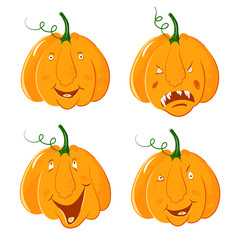 Set of Halloween pumpkins. Cartoon style vector scary, laughing, smiling, spooky, creepy pumpkins
