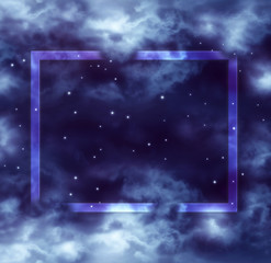 Mysterious cosmic background of night sky with stars, clouds and frame