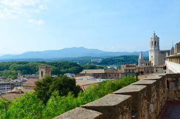 Beautiful top view of historic center of Girona, Spain
