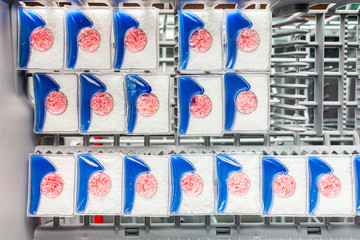 Powder tablets lie on the shelf in the dishwasher