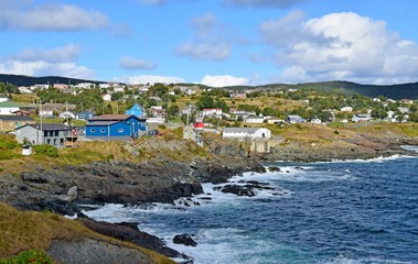 landscape along the Killick Coast,  shoreline with view towards village of Pouch Cove; Avalon Peninsula NL Canada