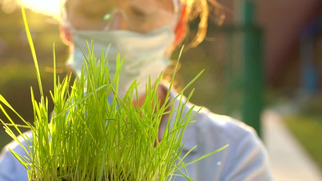 Woman agronomist in goggles and a mask examines a sample of soil and plants