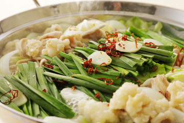 もつ鍋　Motsunabe. Giblets cooked in a hot pot