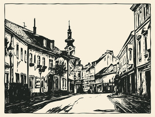 The street of the European old city. Hand Drawn Decorative Design Element In Engraving Style. Vector Illustration.