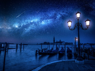 Milky way and falling stars over Grand Canal in Venice