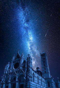 Siena Cathedral at night with falling stars, Tuscany, Italy