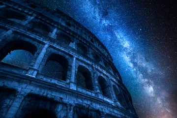 Gordijnen Milky way and Colosseum at night in Rome, Italy © shaiith