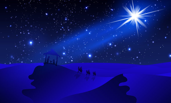 Mary with Joseph and Jesus to travelers in the night blue desert