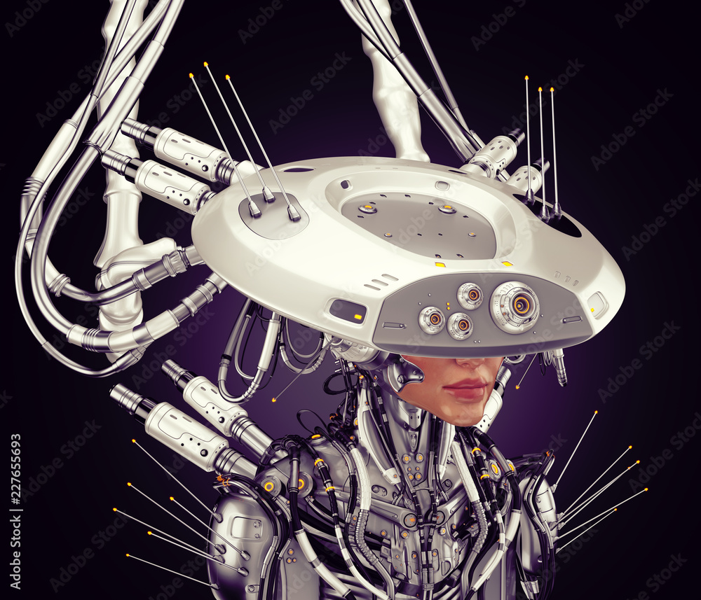 Poster smart robot with huge ai hat, 3d rendering